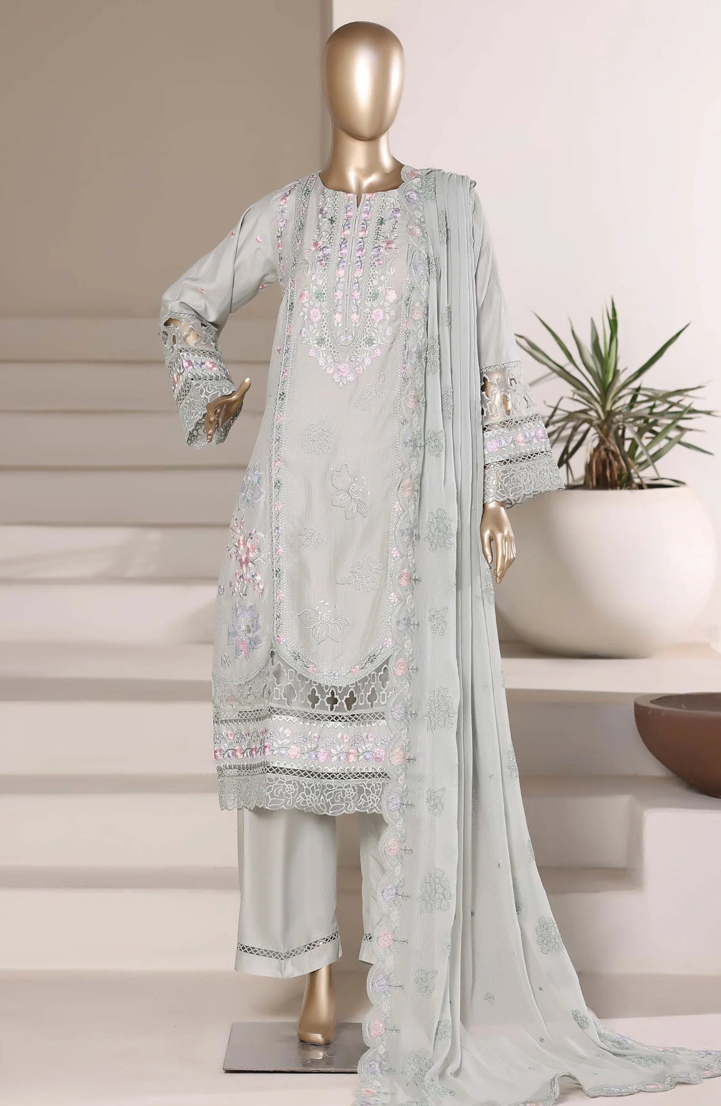 Sadabahar Luxury Embroidered Formal Stitched 3 Piece Suit – D-01 (Grey)