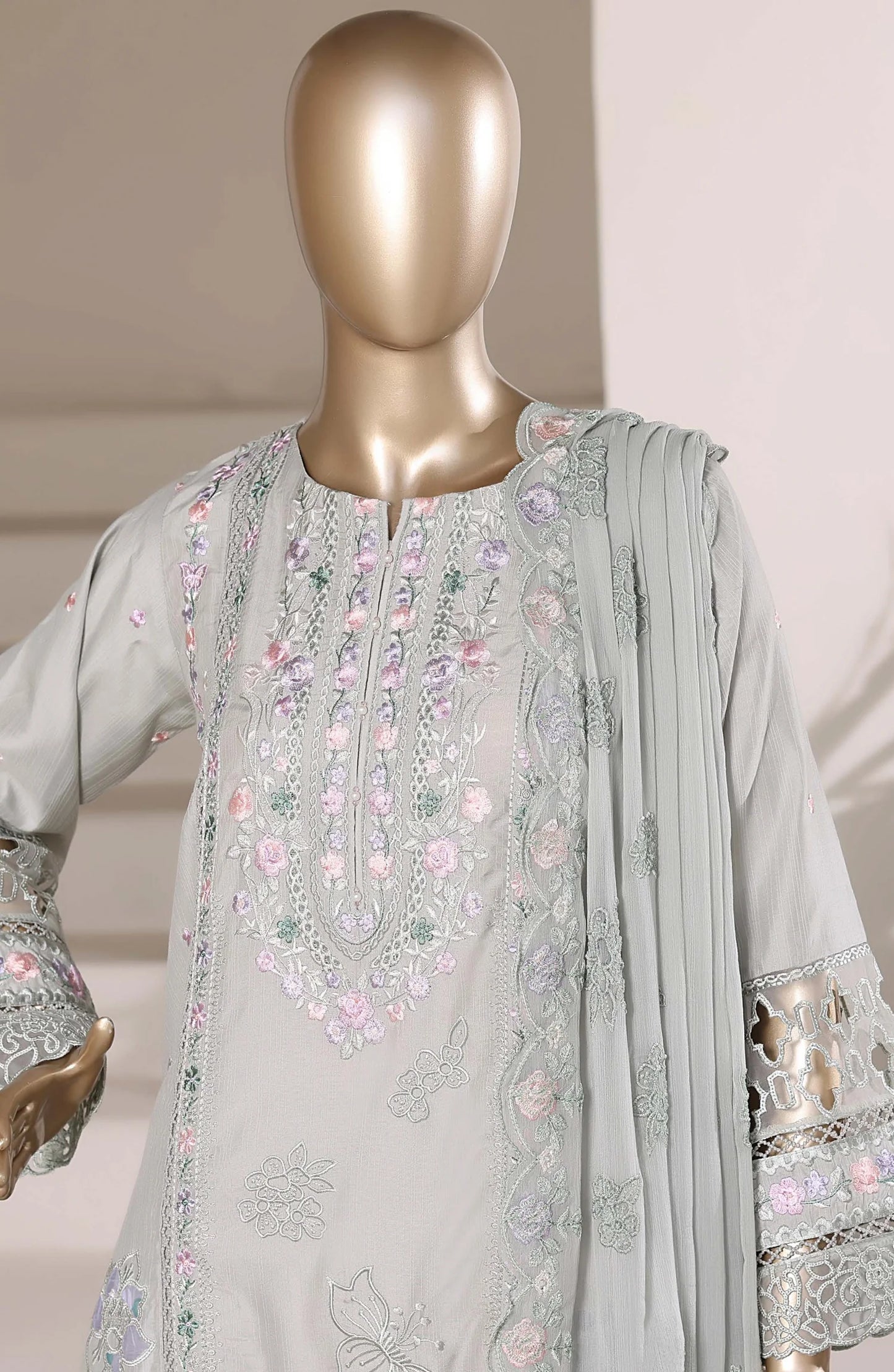 Sadabahar Luxury Embroidered Formal Stitched 3 Piece Suit – D-01 (Grey)