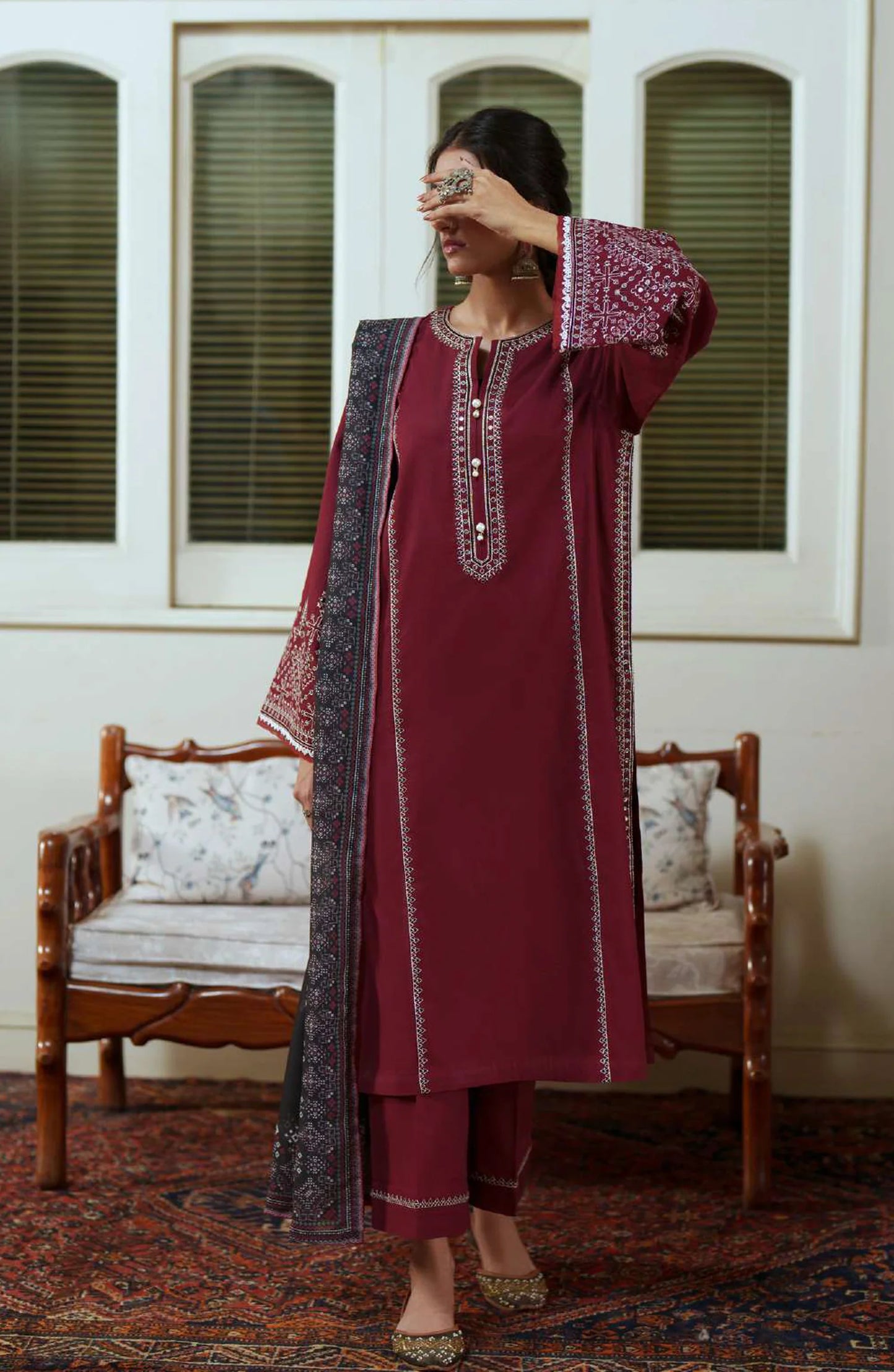 Sakoon by Casual Lite Volume 26 Embroidered Cotton Lawn Stitched 3 Piece Suit (The Maroon)