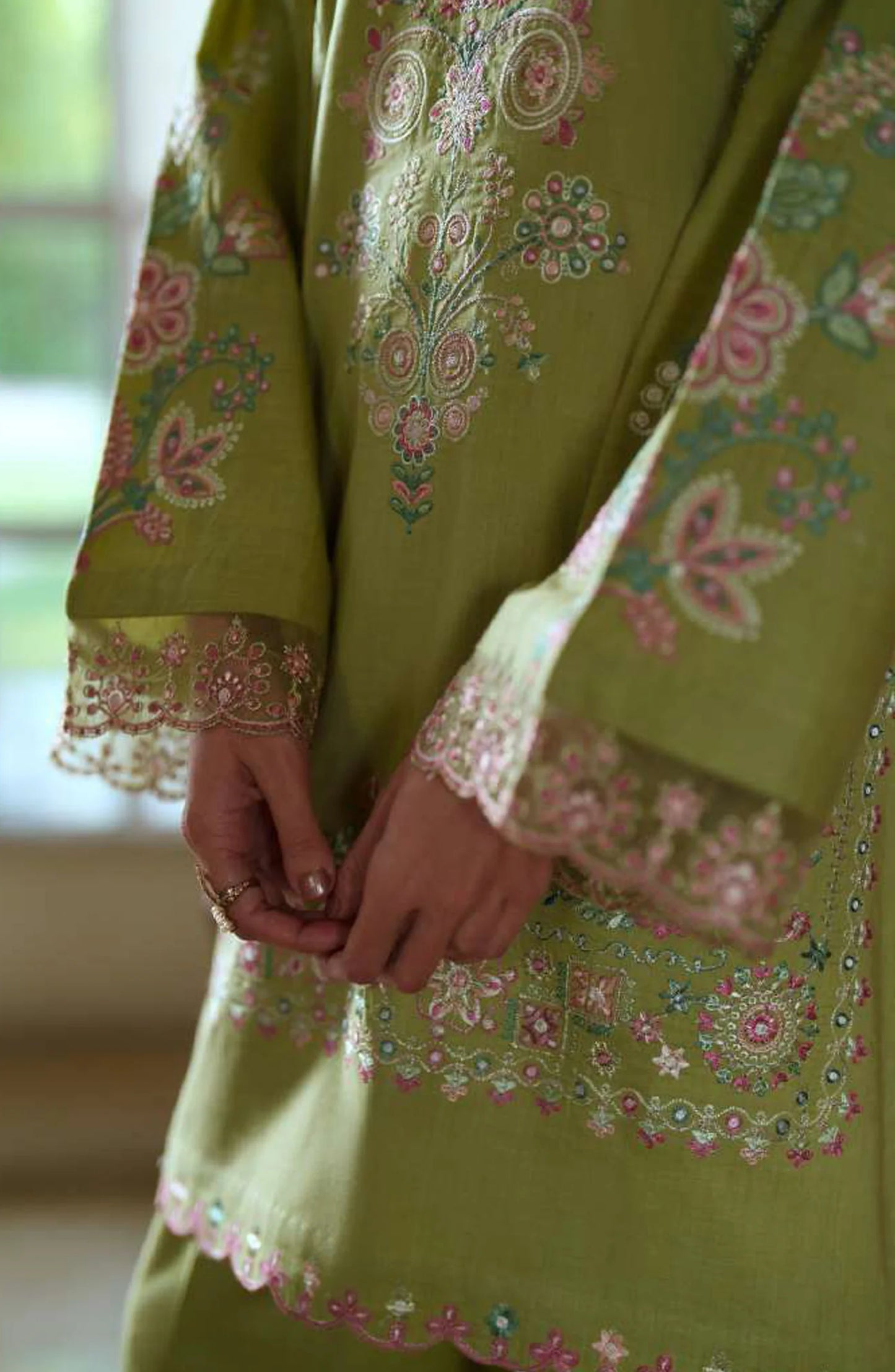 Sakoon by Casual Lite Volume 26 Embroidered Cotton Lawn Stitched 3 Piece Suit (The Olive Green)