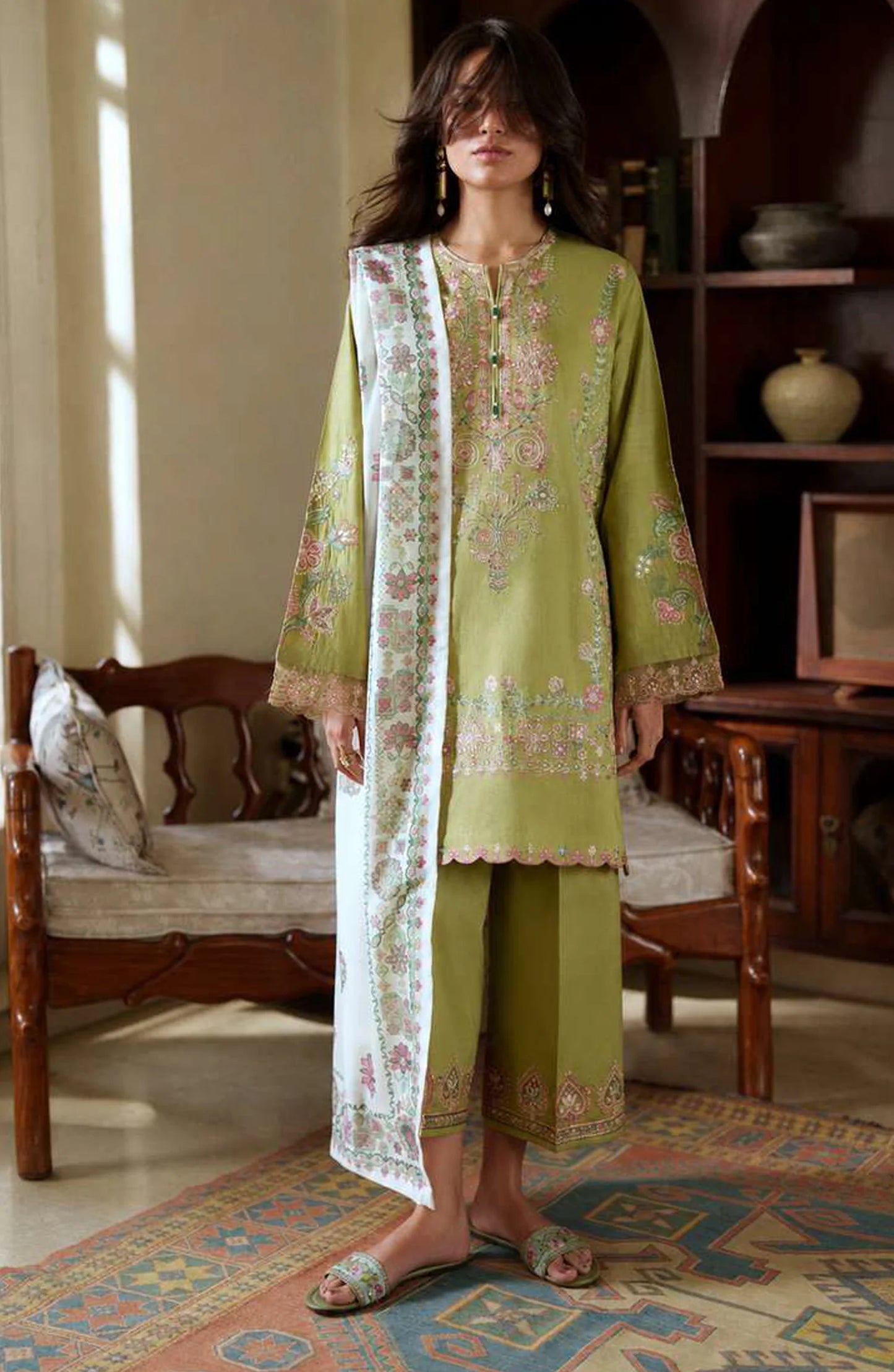 Sakoon by Casual Lite Volume 26 Embroidered Cotton Lawn Stitched 3 Piece Suit (The Olive Green)