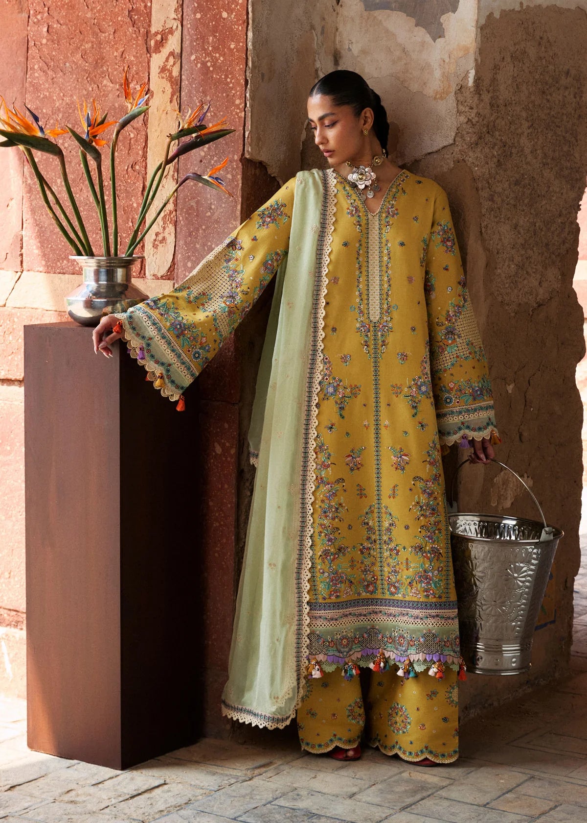 Hussain Rehar by Zun - Embroidered Lawn 3 Piece Unstitched Suit – Yellow (Sari)