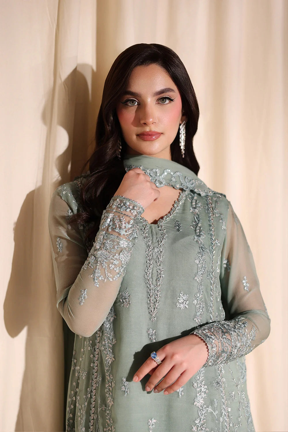 Azure Luxe Embroidered 3 Piece Unstitched Suit (Satin Sage)