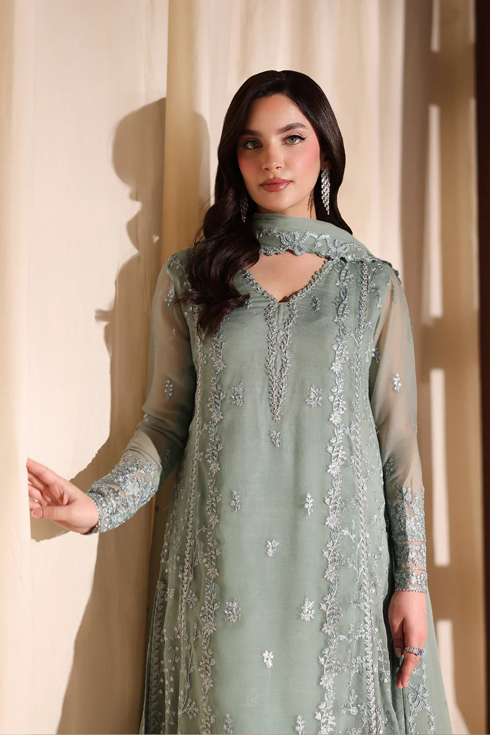 Azure Luxe Embroidered 3 Piece Unstitched Suit (Satin Sage)