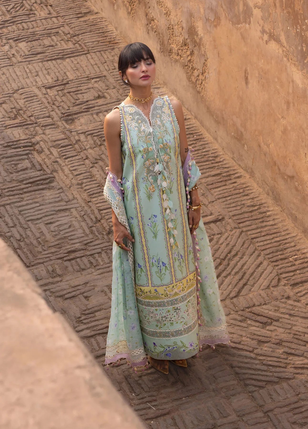 Flow By Crimson Unstitched Embroidered 3 Piece Suit Seafoam - D9 B (Seafoam)