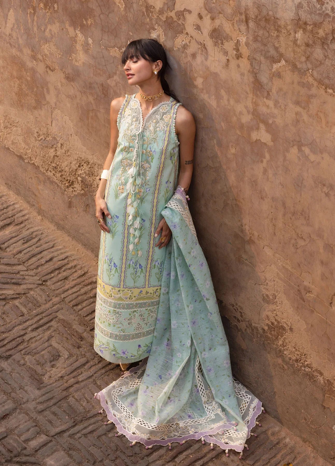 Flow By Crimson Unstitched Embroidered 3 Piece Suit Seafoam - D9 B (Seafoam)