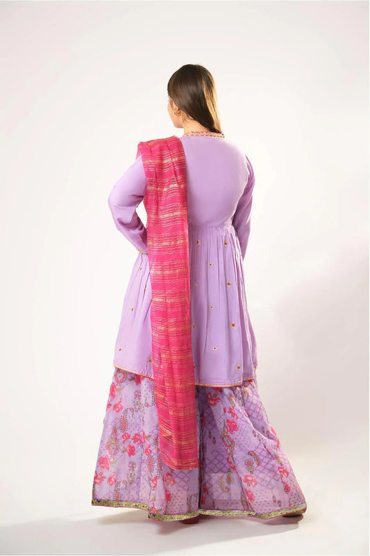 Girls Purple & Multicolor Formal 3 Piece Suit – Organza By Cotton (GDD-03008)