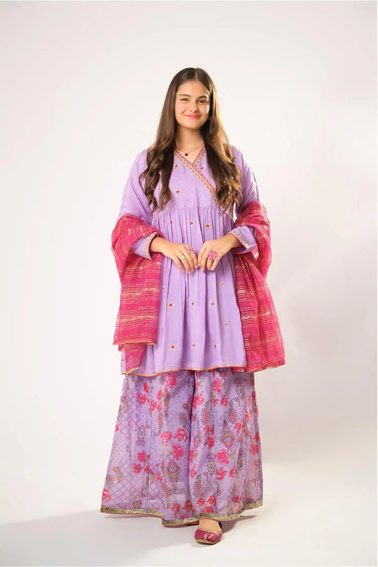 Girls Purple & Multicolor Formal 3 Piece Suit – Organza By Cotton (GDD-03008)