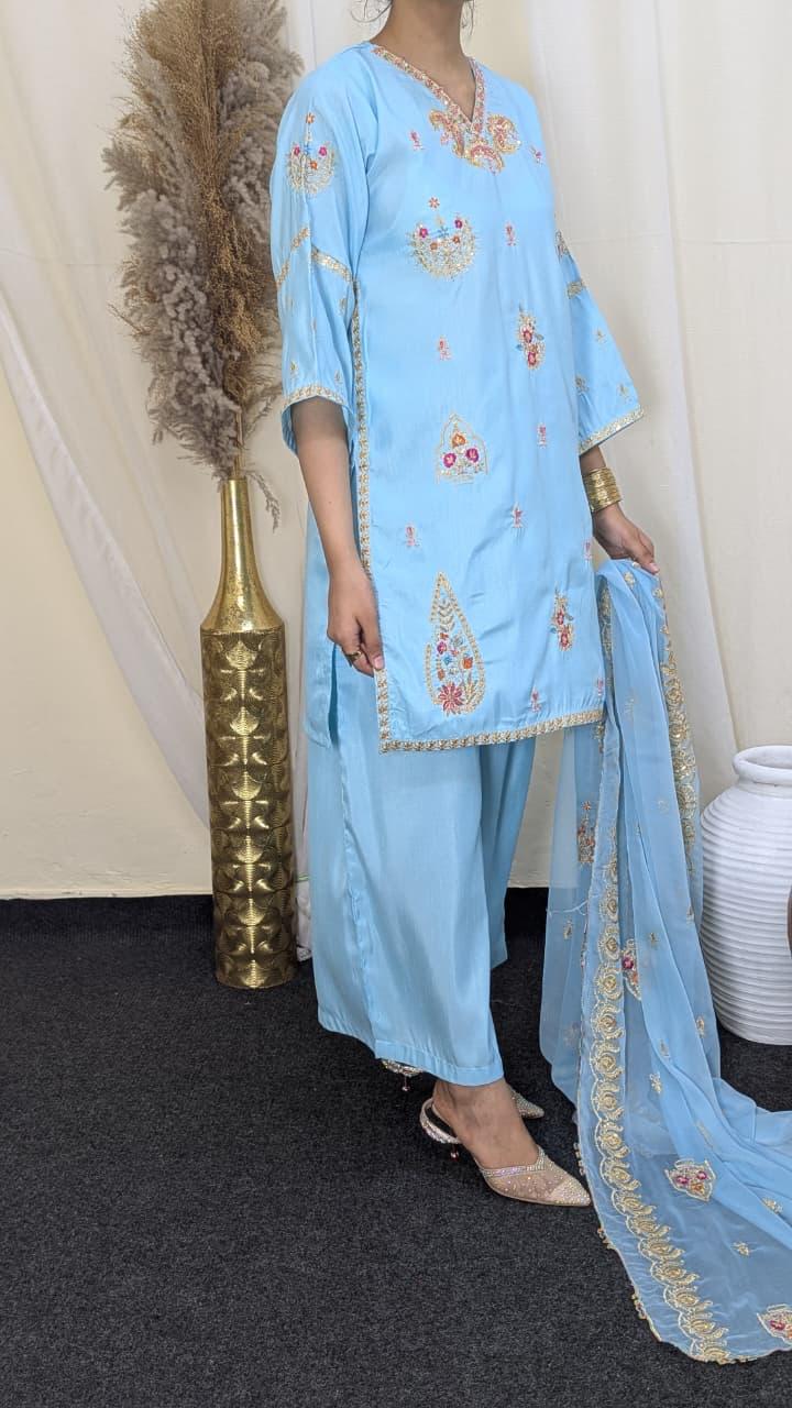 Amna Khurram Raw Silk Embroidered Suit with Chiffon Embroidered Dupatta A05 - Ready To Wear