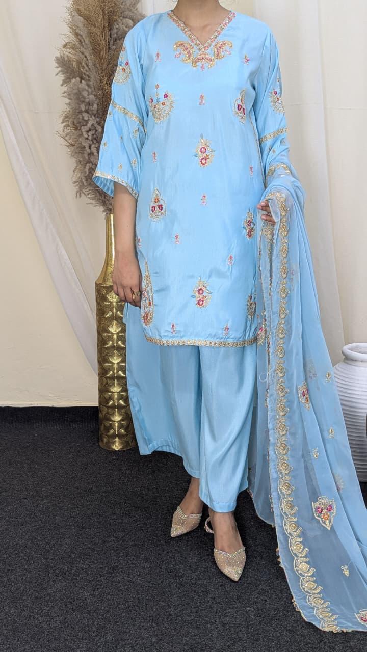 Amna Khurram Raw Silk Embroidered Suit with Chiffon Embroidered Dupatta A05 - Ready To Wear