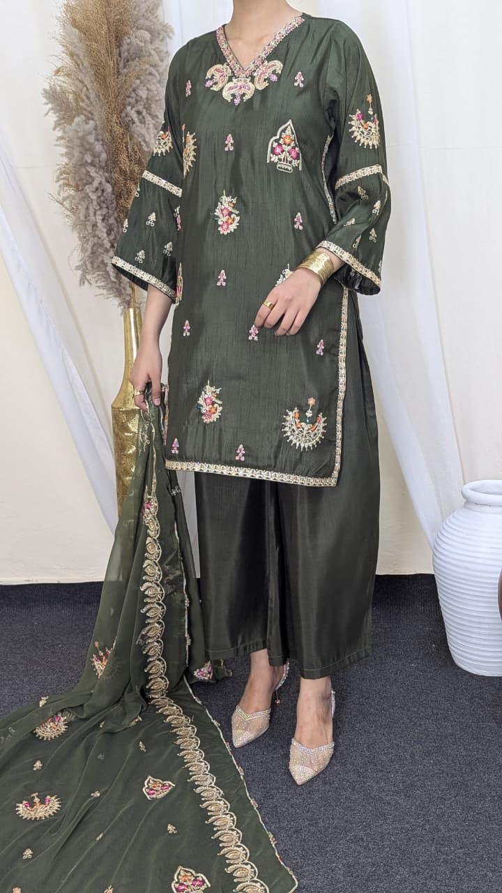 Amna Khurram Raw Silk Embroidered Suit with Chiffon Embroidered Dupatta A03 - Ready To Wear