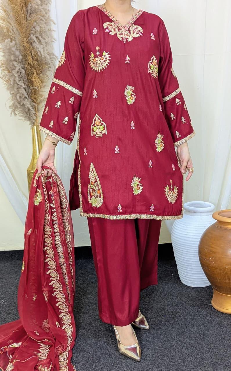 Amna Khurram Raw Silk Embroidered Suit with Chiffon Embroidered Dupatta A04 - Ready To Wear