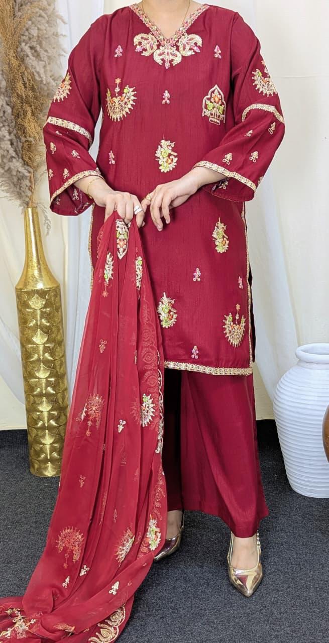 Amna Khurram Raw Silk Embroidered Suit with Chiffon Embroidered Dupatta A04 - Ready To Wear