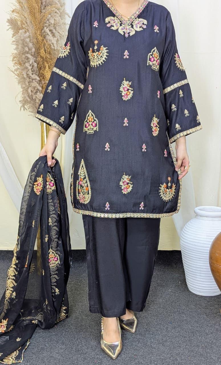 Amna Khurram Raw Silk Embroidered Suit with Chiffon Embroidered Dupatta A02 - Ready To Wear