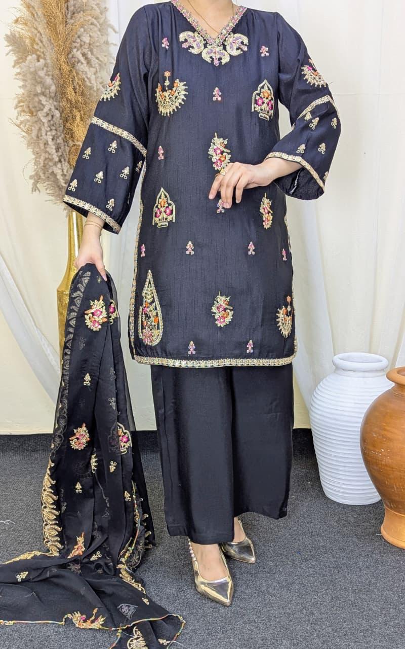 Amna Khurram Raw Silk Embroidered Suit with Chiffon Embroidered Dupatta A02 - Ready To Wear