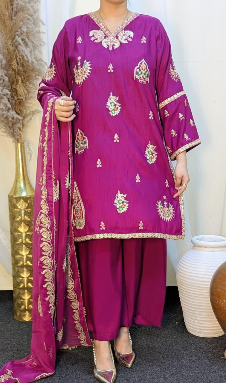 Amna Khurram Raw Silk Embroidered Suit with Chiffon Embroidered Dupatta A01 - Ready To Wear