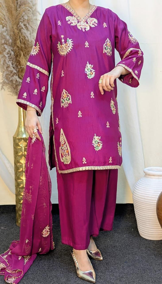 Amna Khurram Raw Silk Embroidered Suit with Chiffon Embroidered Dupatta A01 - Ready To Wear