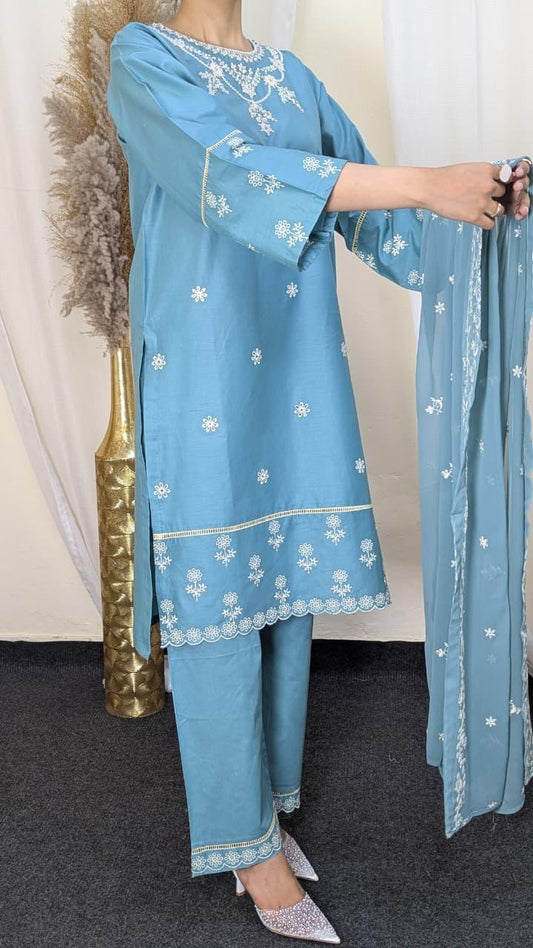 Amna Khurram Lawn 3-Piece Embroidered Suit with Chiffon Dupatta B01 - Ready to Wear