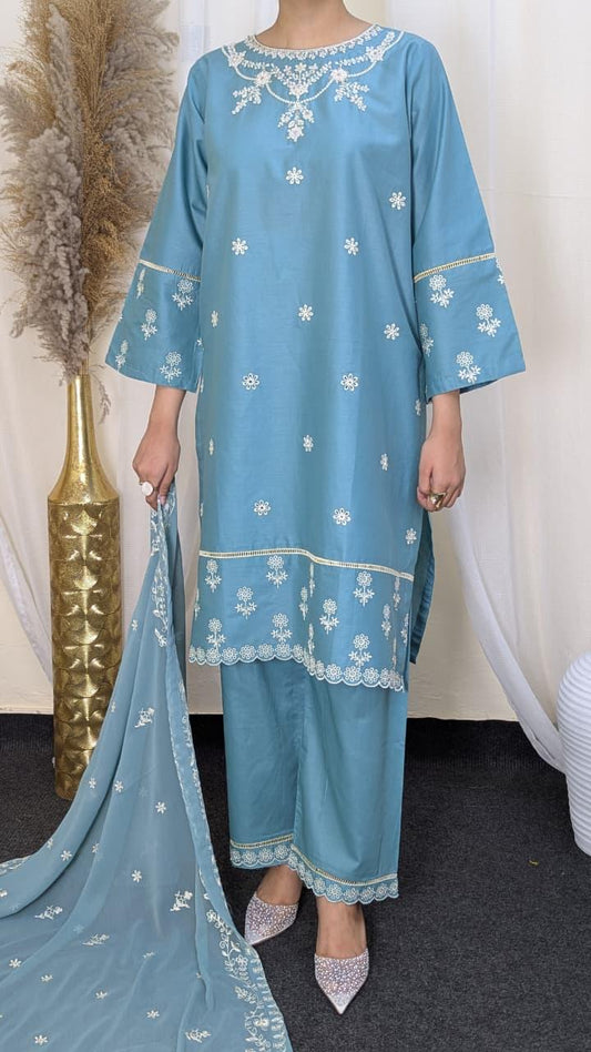 Amna Khurram Lawn 3-Piece Embroidered Suit with Chiffon Dupatta B01 - Ready to Wear