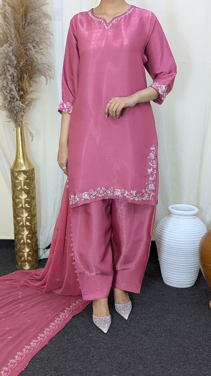 Amna Khurram Silk 3-Piece Suit with Embroidered Chiffon Dupatta C03 - Ready to Wear