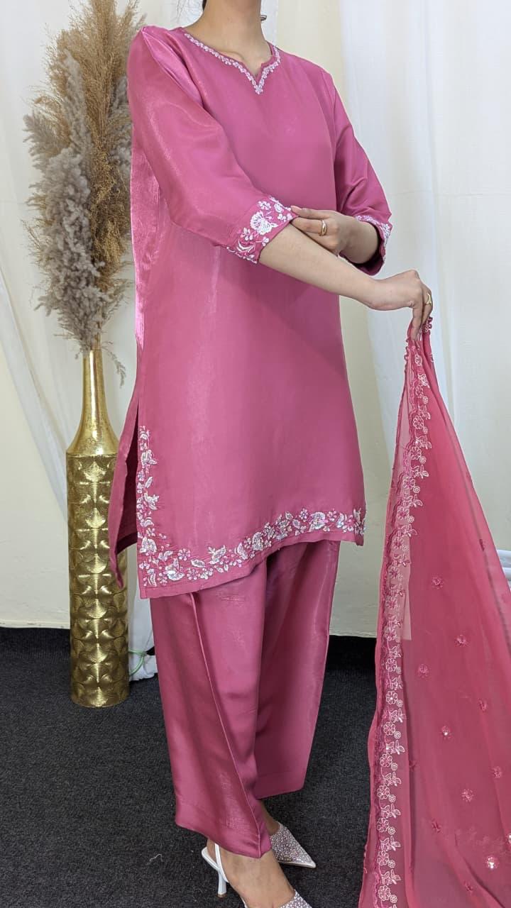 Amna Khurram Silk 3-Piece Suit with Embroidered Chiffon Dupatta C03 - Ready to Wear