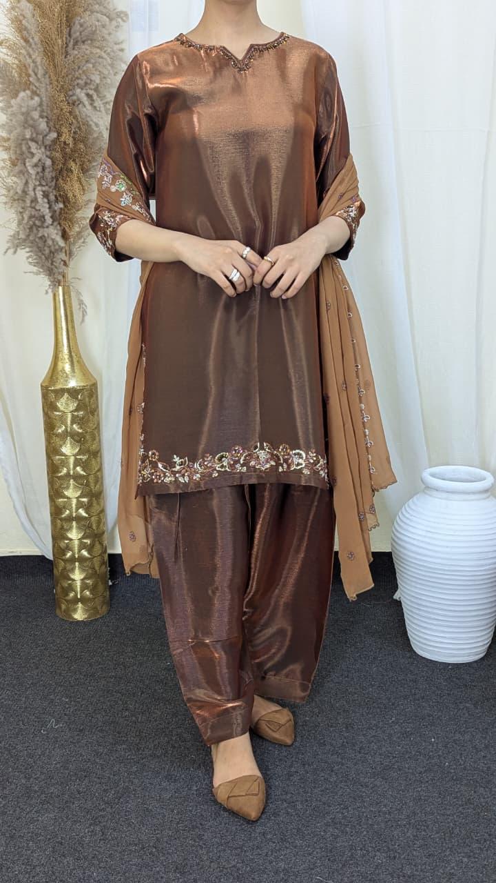 Amna Khurram Silk 3-Piece Suit with Embroidered Chiffon Dupatta C02 - Ready to Wear