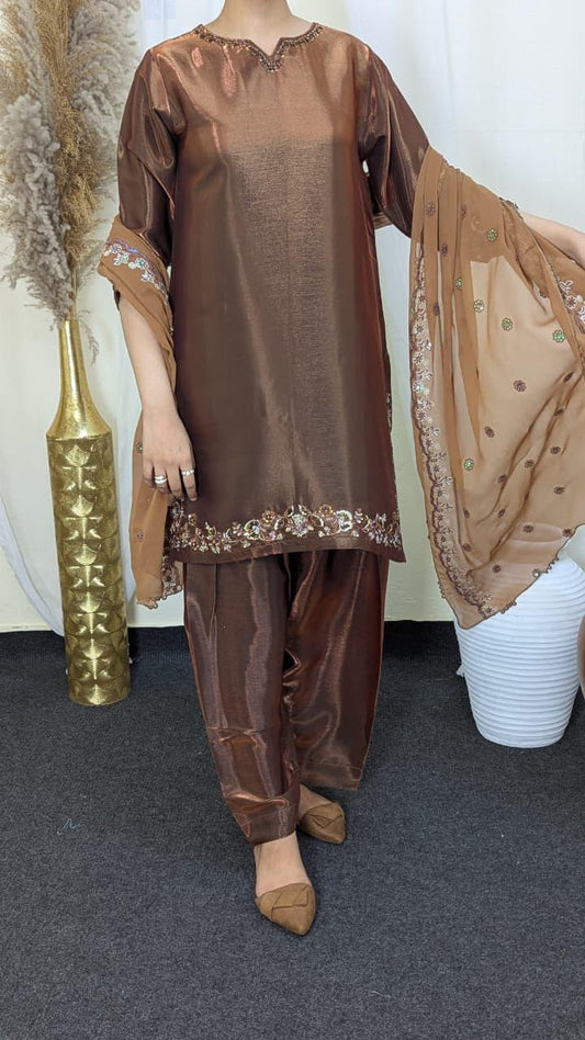 Amna Khurram Silk 3-Piece Suit with Embroidered Chiffon Dupatta C02 - Ready to Wear