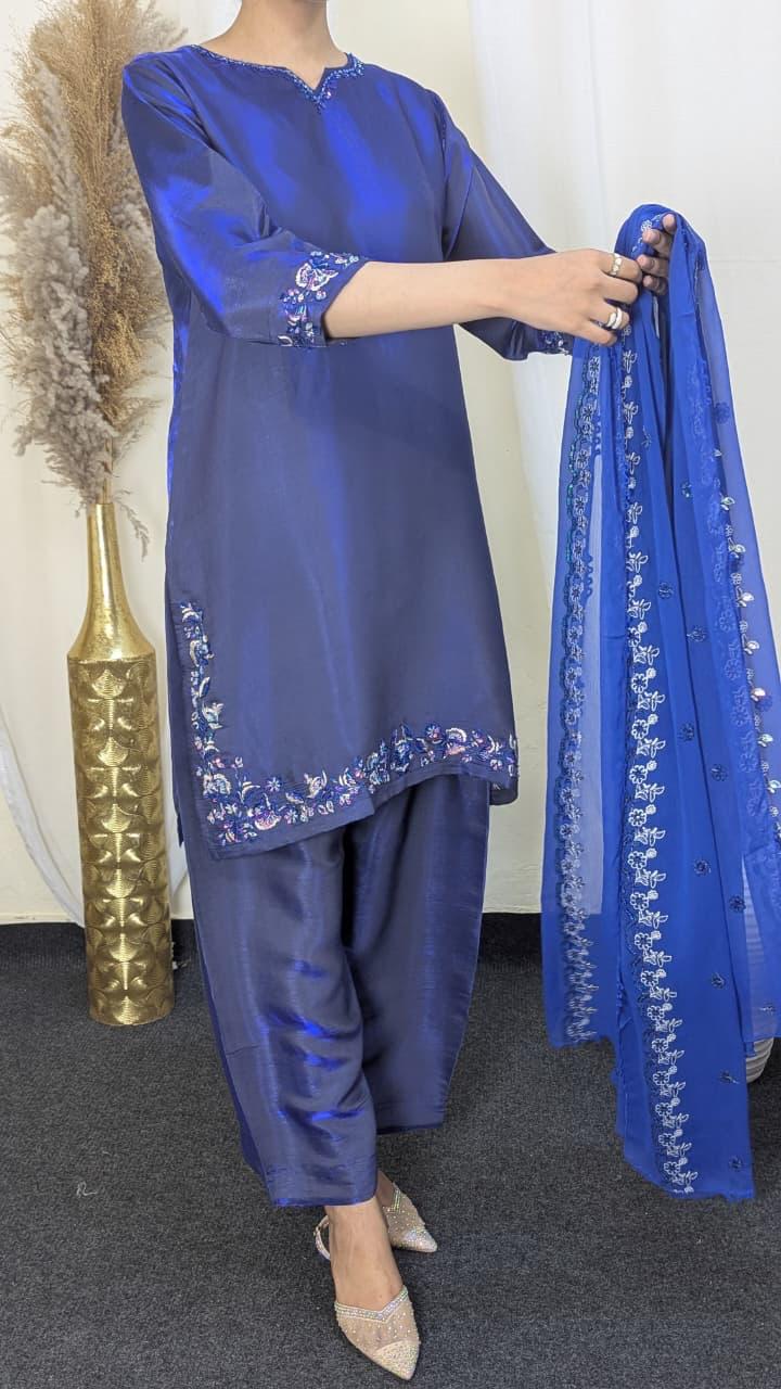 Amna Khurram Silk 3-Piece Suit with Embroidered Chiffon Dupatta C01 - Ready to Wear