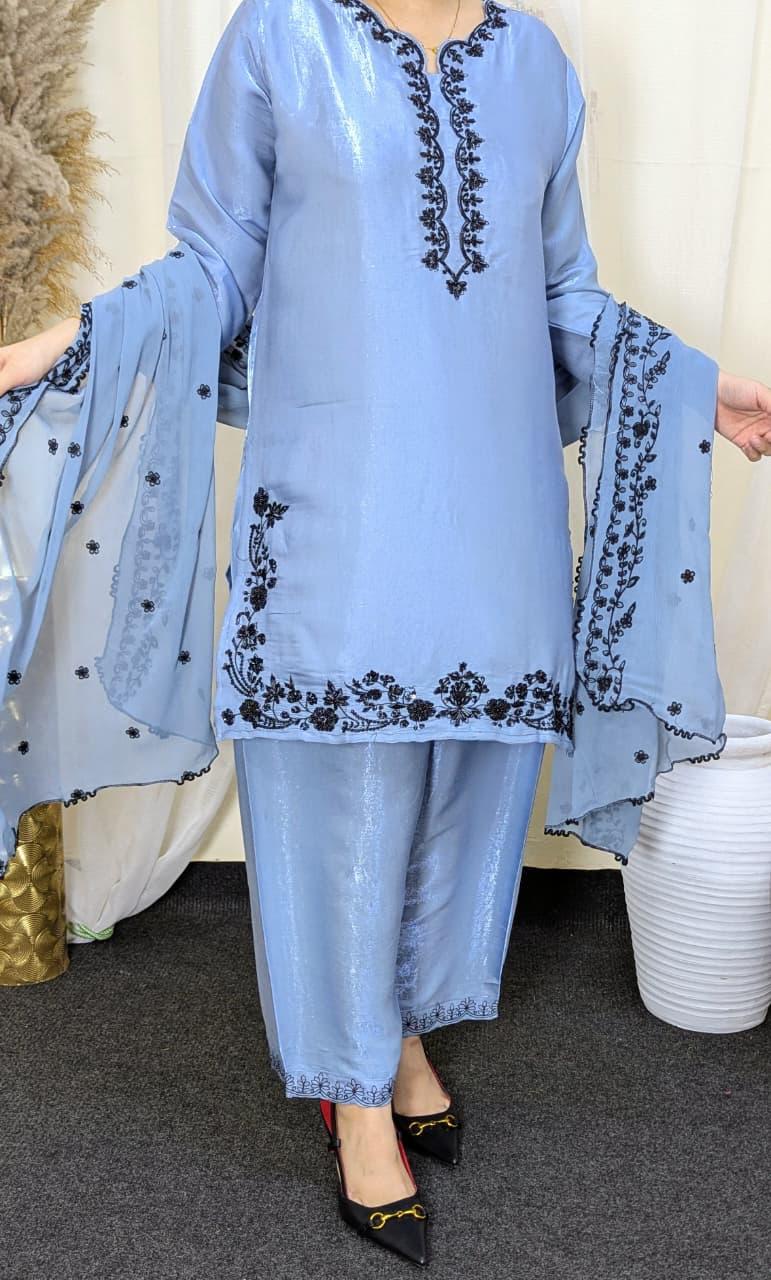 Amna Khurram Silk 3-Piece Embroidered Suit with Chiffon Embroidered Dupatta D02 – Ready to Wear