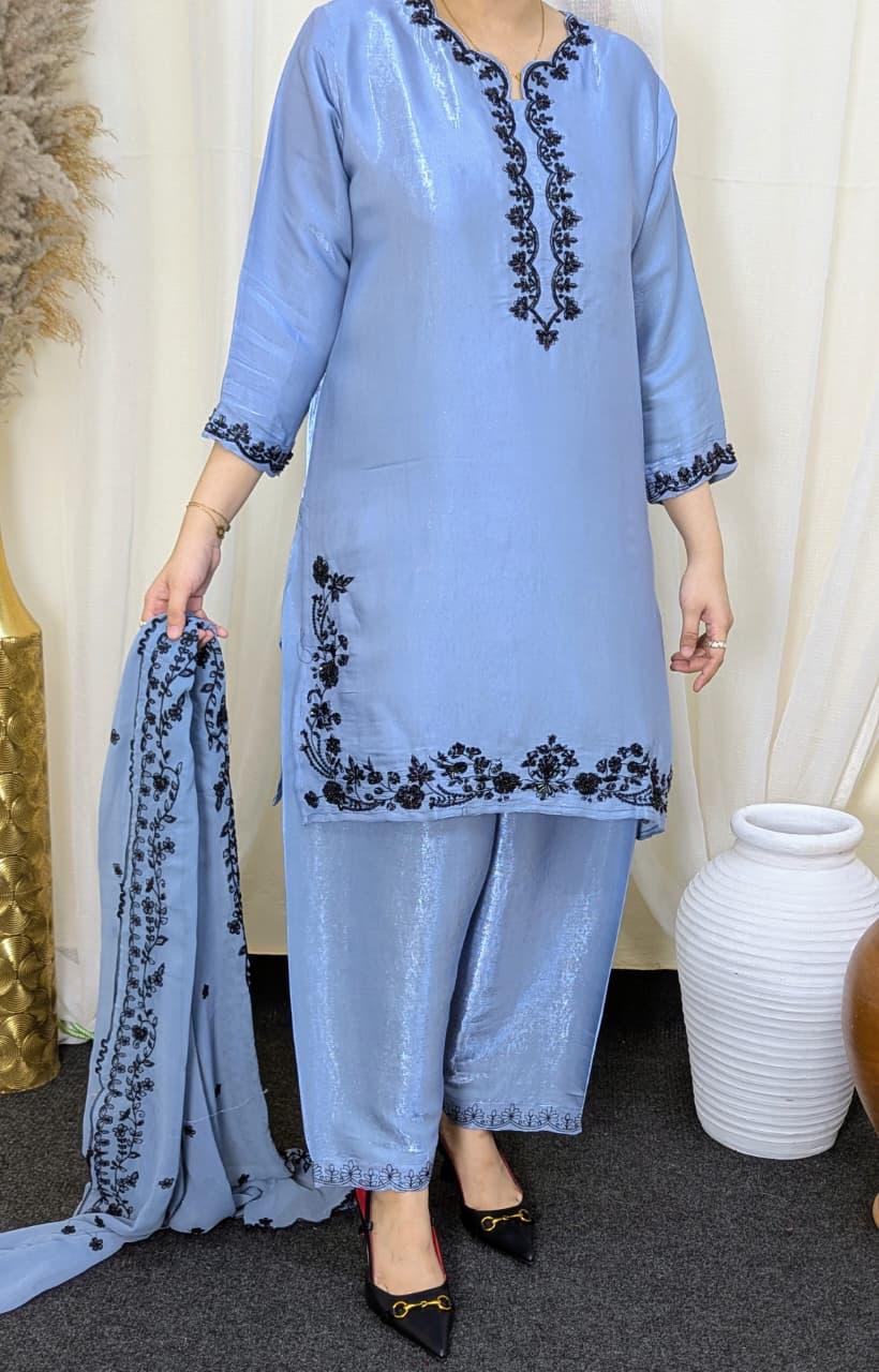 Amna Khurram Silk 3-Piece Embroidered Suit with Chiffon Embroidered Dupatta D02 – Ready to Wear