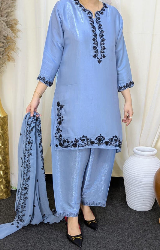 Amna Khurram Silk 3-Piece Embroidered Suit with Chiffon Embroidered Dupatta D02 – Ready to Wear