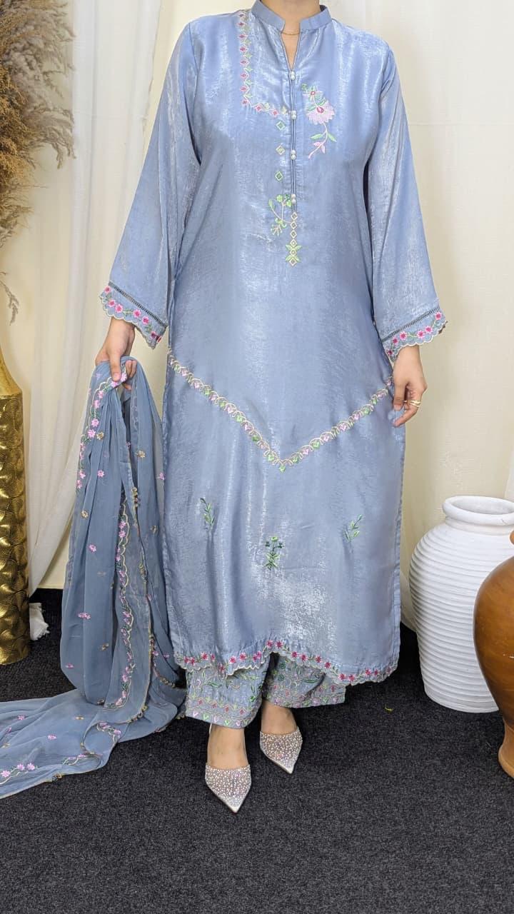 Amna Khurram Velvet Silk Embroidered 3-Piece Suit with Embroidered Chiffon Dupatta A015 – Ready to Wear