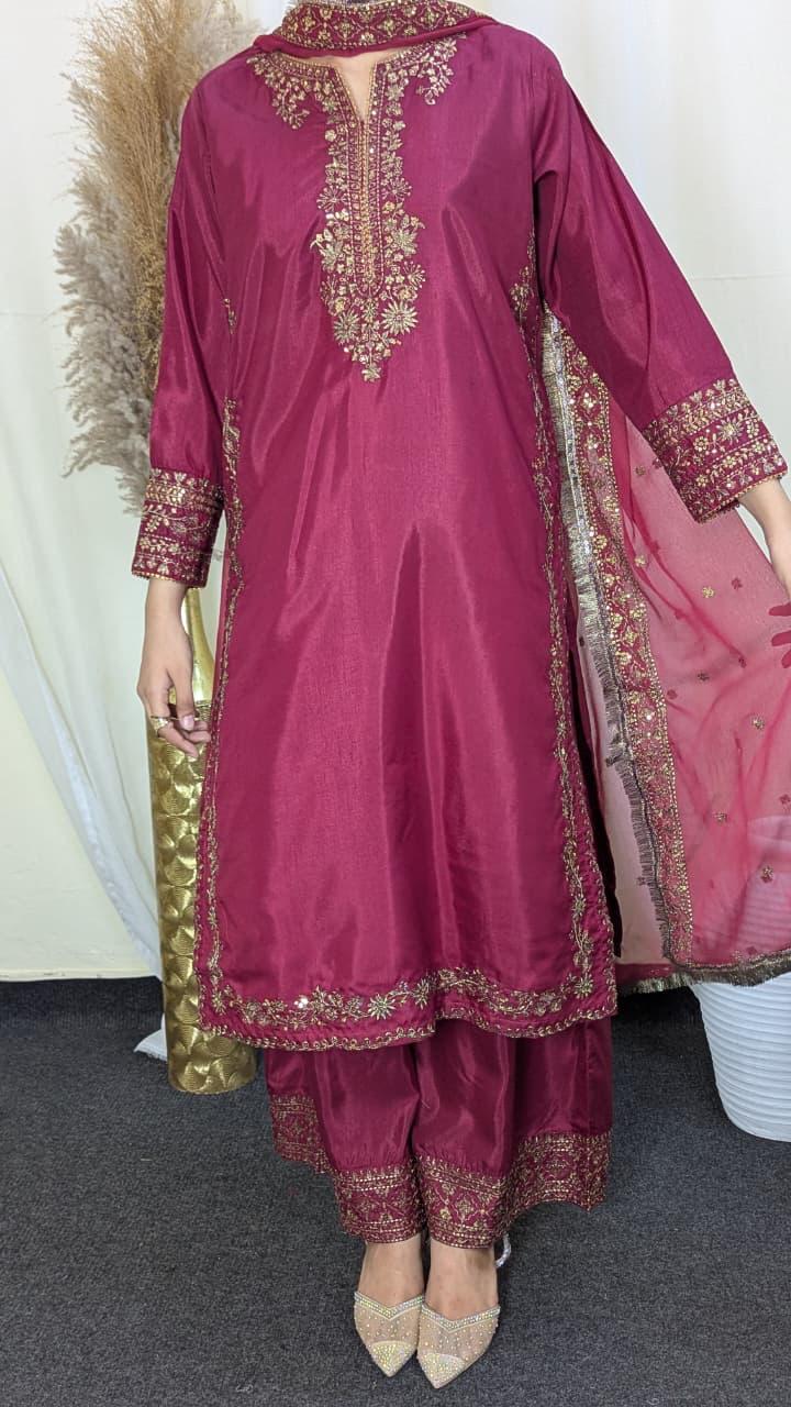 Amna Khurram Raw Silk Embroidered 3-Piece Suit with Chiffon Embroidered Dupatta A017 – Ready to Wear
