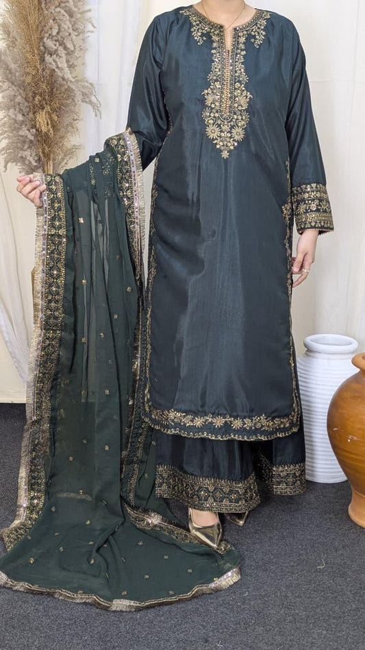 Amna Khurram Raw Silk Embroidered 3-Piece Suit with Chiffon Embroidered Dupatta A020 – Ready to Wear