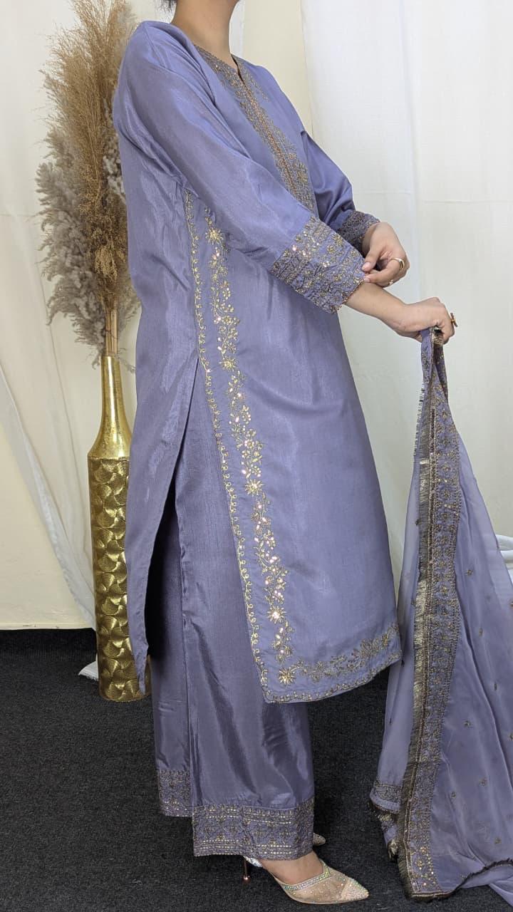 Amna Khurram Raw Silk Embroidered 3-Piece Suit with Chiffon Embroidered Dupatta A019 – Ready to Wear