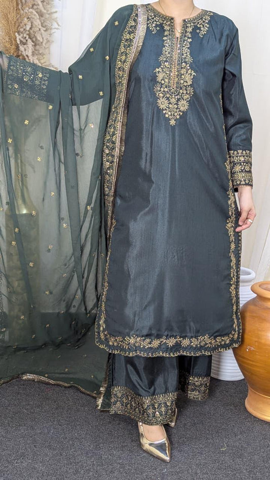 Amna Khurram Raw Silk Embroidered 3-Piece Suit with Chiffon Embroidered Dupatta A020 – Ready to Wear