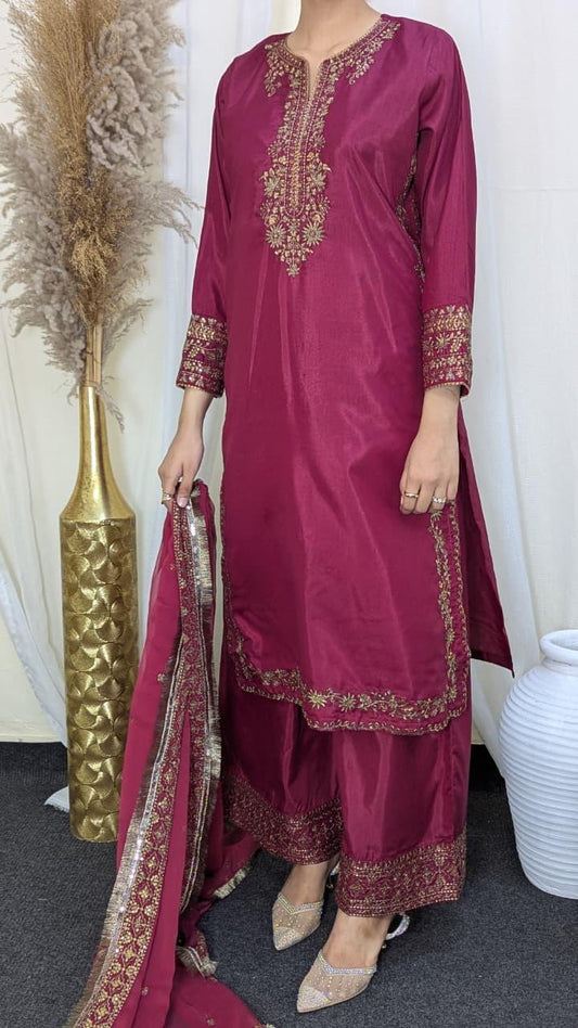 Amna Khurram Raw Silk Embroidered 3-Piece Suit with Chiffon Embroidered Dupatta A017 – Ready to Wear