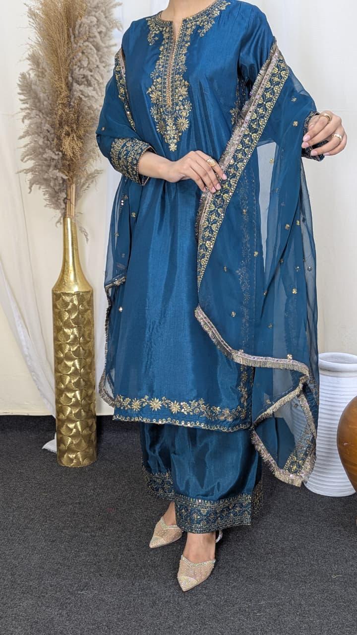 Amna Khurram Raw Silk Embroidered 3-Piece Suit with Chiffon Embroidered Dupatta A018 – Ready to Wear