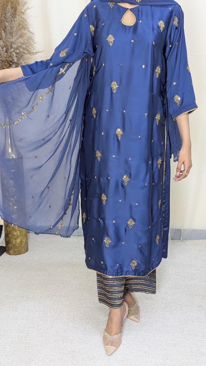 Amna Khurram Korean Silk Embroidered 3-Piece Suit with Embroidered Chiffon Dupatta A024 – Ready to Wear