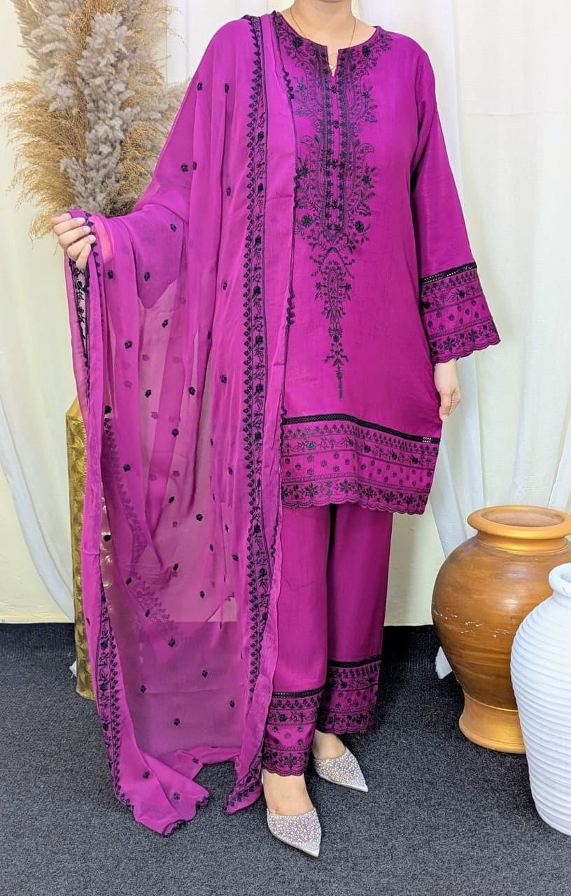 Amna Khurram Indian Raw Silk Embroidered 3-Piece Suit with Embroidered Chiffon Dupatta A031 – Ready to Wear