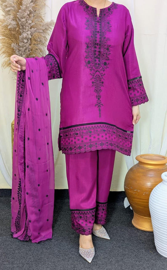 Amna Khurram Indian Raw Silk Embroidered 3-Piece Suit with Embroidered Chiffon Dupatta A031 – Ready to Wear