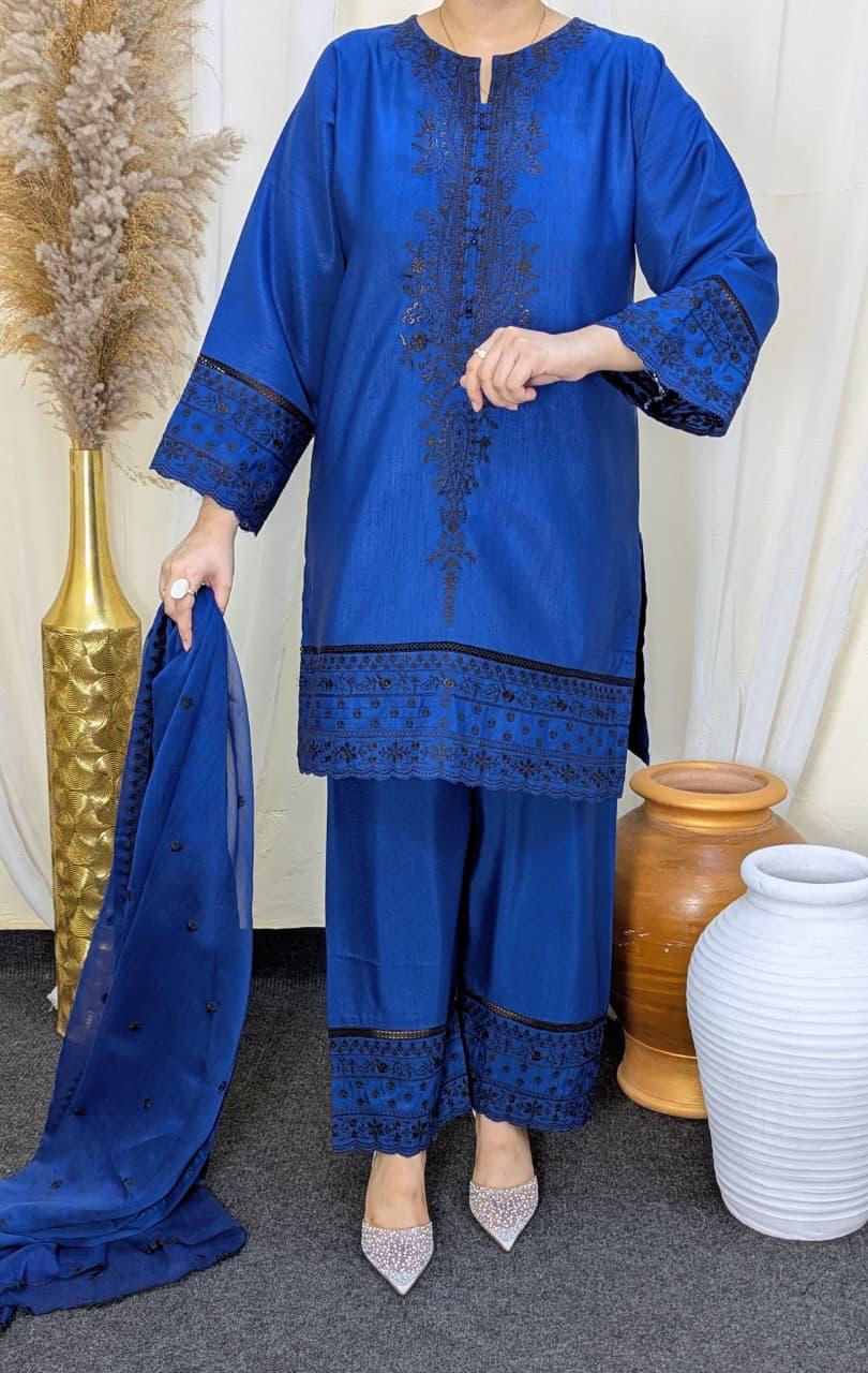 Amna Khurram Indian Raw Silk Embroidered 3-Piece Suit with Embroidered Chiffon Dupatta A030 – Ready to Wear