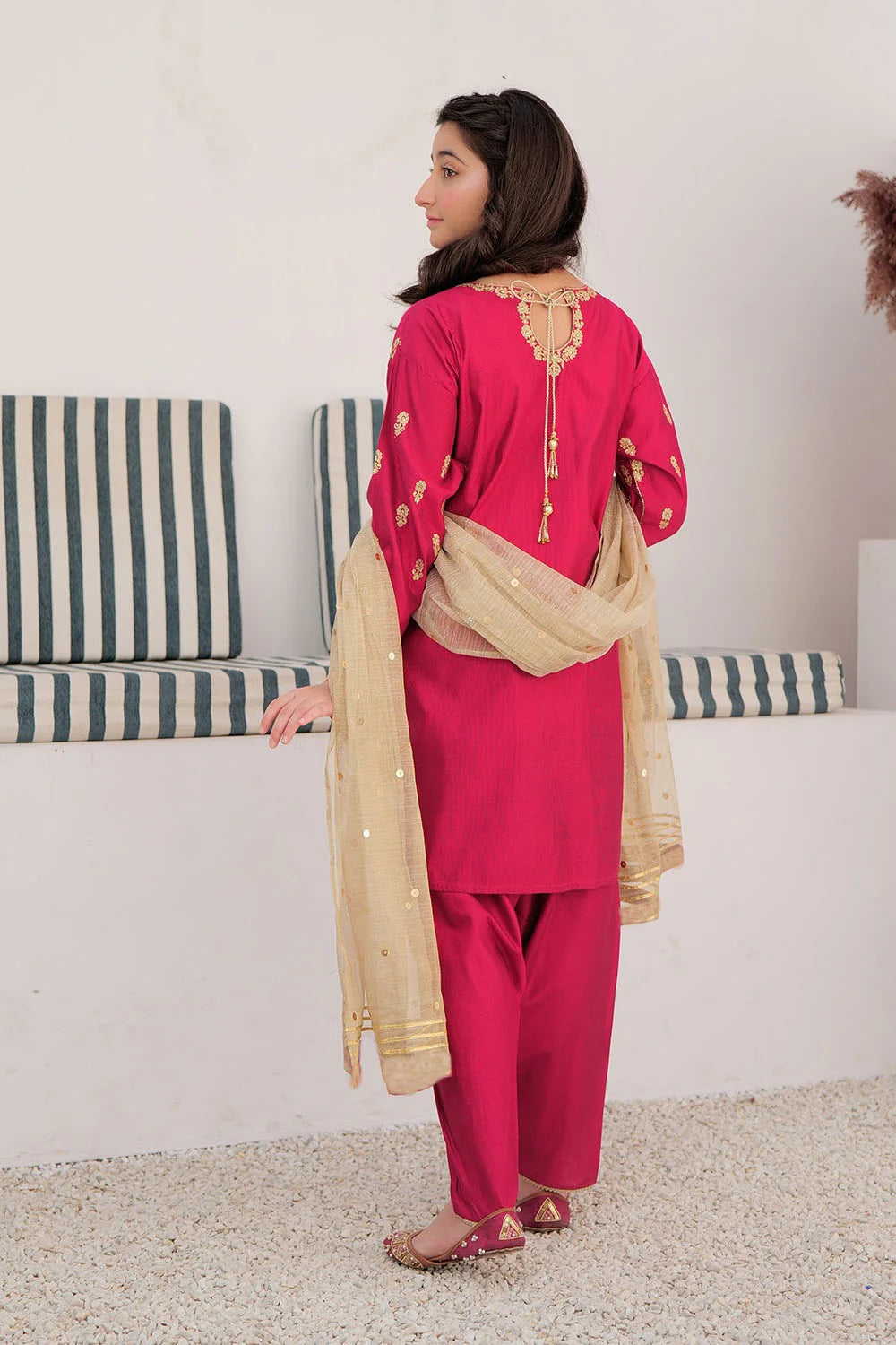 Girls Shocking Pink & Gold Formal 3 Piece Suit – Viscose Chambray Silk (GDD-02852)