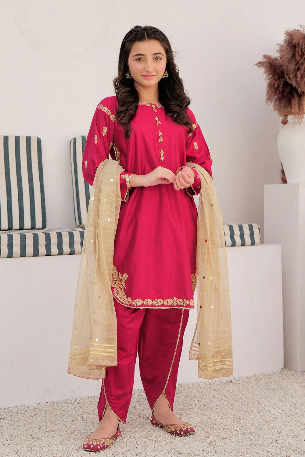 Girls Shocking Pink & Gold Formal 3 Piece Suit – Viscose Chambray Silk (GDD-02852)