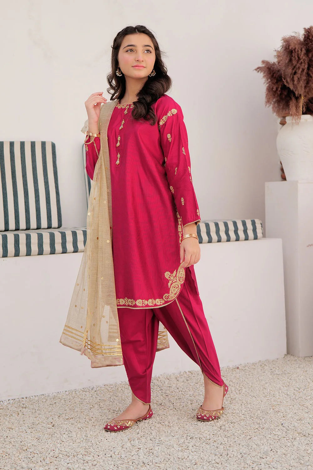 Girls Shocking Pink & Gold Formal 3 Piece Suit – Viscose Chambray Silk (GDD-02852)