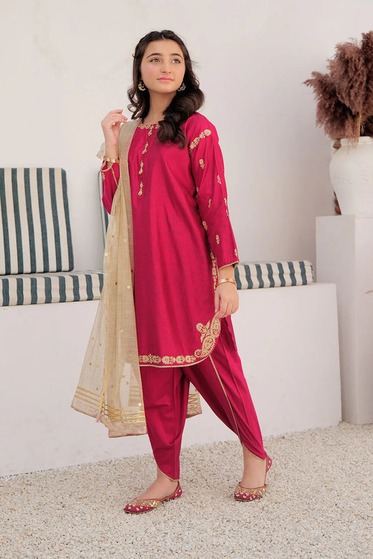 Girls Shocking Pink & Gold Formal 3 Piece Suit – Viscose Chambray Silk (GDD-02852)