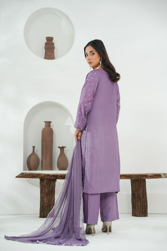 Lilac Embellished Shirt with Cotton Silk  – 3PC Stitched Suit