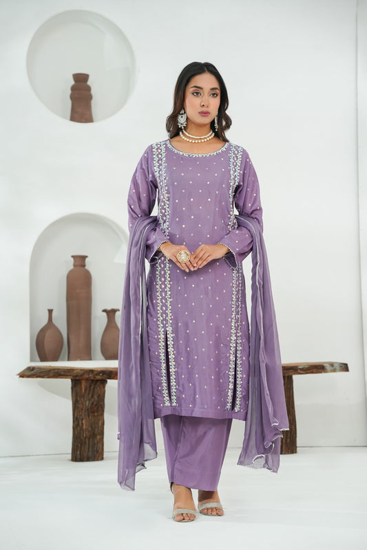 Lilac Embellished Shirt with Cotton Silk  – 3PC Stitched Suit