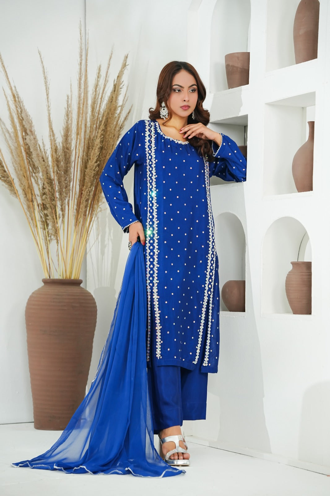 Blue Embellished Shirt with Plain Cotton Silk  – 3PC Stitched Suit