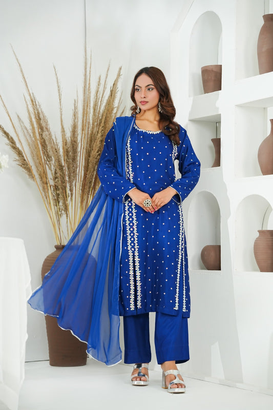 Blue Embellished Shirt with Plain Cotton Silk  – 3PC Stitched Suit
